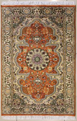 3'0x5'2 Pak Persian High Quality Area Rug with Silk & Wool Pile - Floral Design | Hand-Knotted in Orange