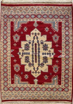 4'0x5'10 Caucasian Design Area Rug with Wool Pile - Geometric Medallion Design | Hand-Knotted in Red