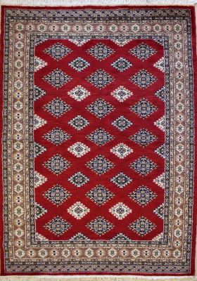 4'0x5'11 Bokhara Jaldar Area Rug with Silk & Wool Pile - Geometric Diamond Design | Hand-Knotted in Red