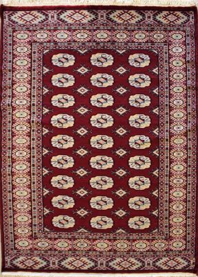 4'1x6'1 Bokhara Jaldar Area Rug with Silk & Wool Pile - Special Mori Bokhara Elephant Foot Design | Hand-Knotted in Red