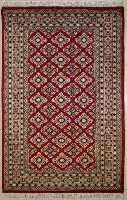 4'1x6'2 Bokhara Jaldar Area Rug with Silk & Wool Pile - Geometric Diamond Design | Hand-Knotted in Red