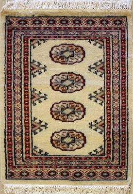 2'0x3'1 Bokhara Jaldar Area Rug with Wool Pile - Special Mori Bokhara Elephant Foot Design | Hand-Knotted in White