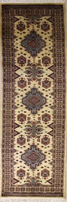 2'6x9'6 Caucasian Design Area Rug with Wool Pile - Geometric Design | Hand-Knotted in White