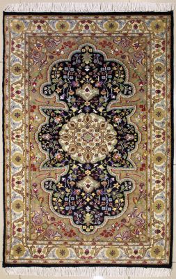 3'0x5'1 Pak Persian High Quality Area Rug with Silk & Wool Pile - Floral Design | Hand-Knotted in Blue