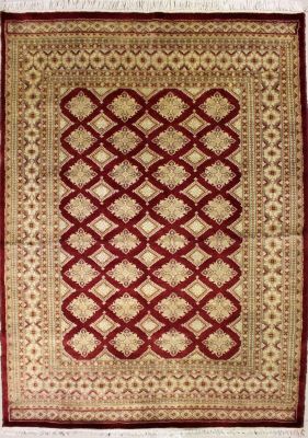 4'1x5'11 Bokhara Jaldar Area Rug with Silk & Wool Pile - Geometric Diamond Design | Hand-Knotted in Red