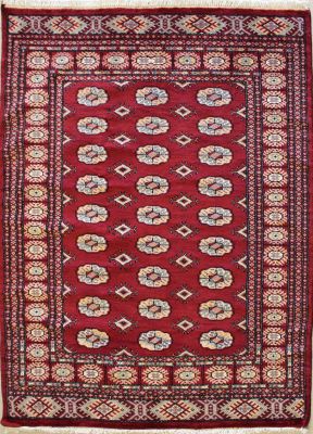 4'1x5'11 Bokhara Jaldar Area Rug with Silk & Wool Pile - Special Mori Bokhara Elephant Foot Design | Hand-Knotted in Red