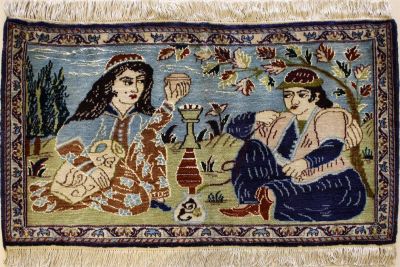1'7x3'0 Pak Persian High Quality Area Rug with Silk & Wool Pile - Pictorial Umar-e-Khayyam Design | Hand-Knotted in White