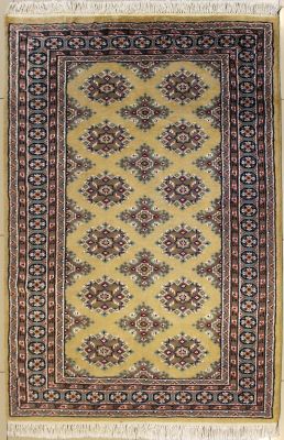 4'0x5'9 Bokhara Jaldar Area Rug with Silk & Wool Pile - Geometric Diamond Design | Hand-Knotted in Gold