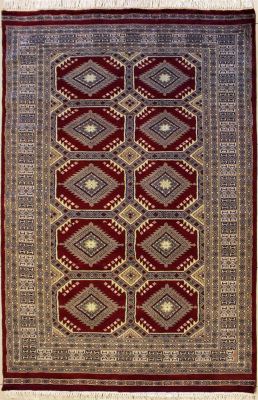 4'1x6'2 Bokhara Jaldar Area Rug with Silk & Wool Pile - Geometric Diamond Design | Hand-Knotted in Red
