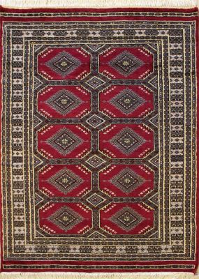 4'2x5'8 Bokhara Jaldar Area Rug with Silk & Wool Pile - Geometric Diamond Design | Hand-Knotted in Red