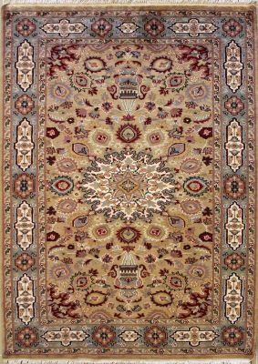 4'1x6'0 Pak Persian Area Rug with Silk & Wool Pile - Ardabil Medallion Design | Hand-Knotted in Beige