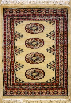 2'0x3'0 Bokhara Jaldar Area Rug with Wool Pile - Special Mori Bokhara Elephant Foot Design | Hand-Knotted in White