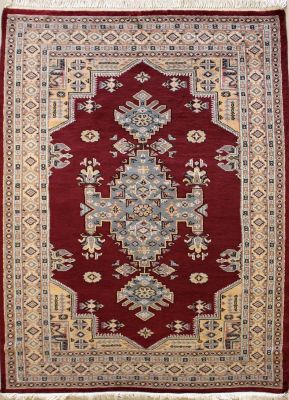4'2x6'2 Caucasian Design Area Rug with Wool Pile - Geometric Design | Hand-Knotted in Red