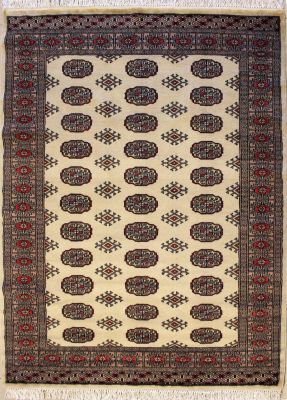 4'2x6'3 Bokhara Jaldar Area Rug with Wool Pile - Special Mori Bokhara Elephant Foot Design | Hand-Knotted in White