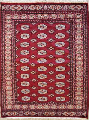 4'1x5'10 Bokhara Jaldar Area Rug with Silk & Wool Pile - Special Mori Bokhara Elephant Foot Design | Hand-Knotted in Red