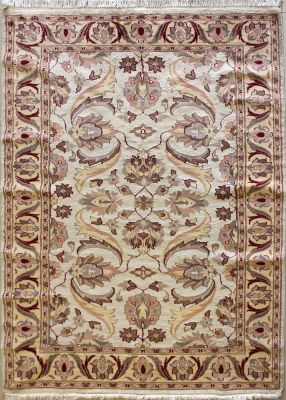 4'2x6'5 Pak Persian Area Rug with Silk & Wool Pile - Floral Design | Hand-Knotted in Ivory