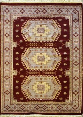 4'1x5'11 Caucasian Design Area Rug with Silk & Wool Pile - Geometric Design | Hand-Knotted in Red