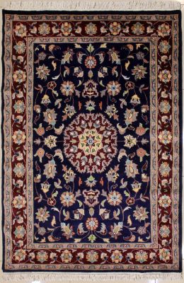 4'0x6'0 Pak Persian Area Rug with Silk & Wool Pile - Floral Design | Hand-Knotted in Blue