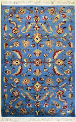 4'0x5'9 Pak Persian Area Rug with Silk & Wool Pile - Floral Design | Hand-Knotted in Greenish Blue