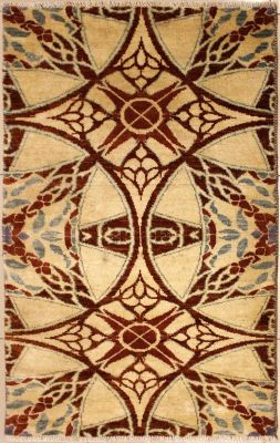 3'0x5'2 Chobi Ziegler Area Rug made using Vegetable dyes with Wool Pile - Geometric Design | Hand-Knotted in White