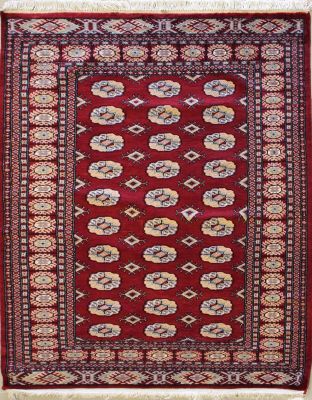 4'2x5'8 Bokhara Jaldar Area Rug with Silk & Wool Pile - Special Mori Bokhara Elephant Foot Design | Hand-Knotted in Red