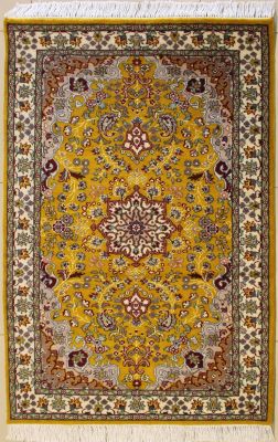 3'1x5'2 Pak Persian High Quality Area Rug with Silk & Wool Pile - Floral Design | Hand-Knotted in Gold