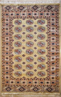 4'2x5'11 Bokhara Jaldar Area Rug with Silk & Wool Pile - Special Mori Bokhara Elephant Foot Design | Hand-Knotted in Gold