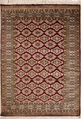 4'0x5'9 Bokhara Jaldar Area Rug with Silk & Wool Pile - Geometric Diamond Design | Hand-Knotted in Red