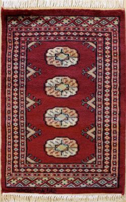 2'0x3'1 Bokhara Jaldar Area Rug with Wool Pile - Special Mori Bokhara Elephant Foot Design | Hand-Knotted in Red