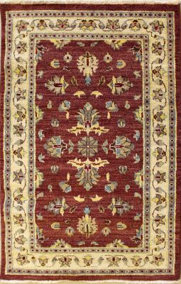 3'0x5'3 Chobi Ziegler Area Rug made using Vegetable dyes with Wool Pile - Floral Design | Hand-Knotted in Red