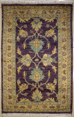 3'2x5'4 Chobi Ziegler Area Rug made using Vegetable dyes with Wool Pile - Floral Design | Hand-Knotted in Purple