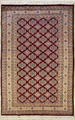 4'0x6'3 Bokhara Jaldar Area Rug with Silk & Wool Pile - Geometric Diamond Design | Hand-Knotted in Maroon