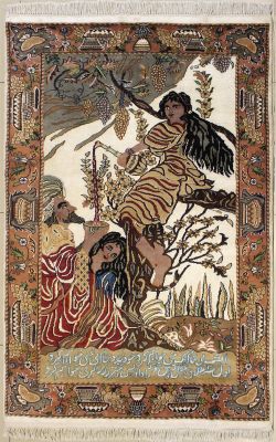 4'0x6'1 Pak Persian Area Rug with Silk & Wool Pile - Pictorial Umar-e-Khayyam Design | Hand-Knotted in Ivory