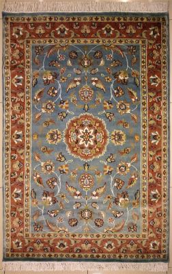 4'0x5'10 Pak Persian Area Rug with Silk & Wool Pile - Floral Design | Hand-Knotted in Greenish Blue
