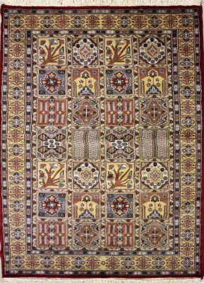 4'0x6'2 Pak Persian Area Rug with Silk & Wool Pile - Bakhtiari Panel Design | Hand-Knotted in Red