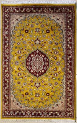 3'0x5'2 Pak Persian High Quality Area Rug with Silk & Wool Pile - Floral Design | Hand-Knotted in Gold