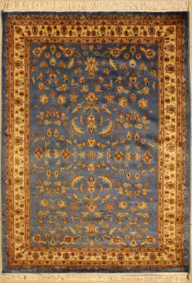 4'1x5'11 Pak Persian Area Rug with Wool Pile - Floral Design | Hand-Knotted in Greenish Blue