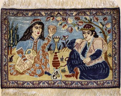 1'6x2'11 Pak Persian High Quality Area Rug with Silk & Wool Pile - Pictorial Umar-e-Khayyam Design | Hand-Knotted in White