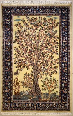 4'1x5'11 Pak Persian Area Rug with Silk & Wool Pile - Pictorial Hunting Shikargah Design | Hand-Knotted in White