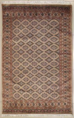 4'1x6'4 Bokhara Jaldar Area Rug with Silk & Wool Pile - Geometric Diamond Design | Hand-Knotted in Beige