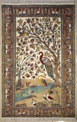 4'1x6'4 Pak Persian Area Rug with Silk & Wool Pile - Pictorial Hunting Shikargah Design | Hand-Knotted in Ivory