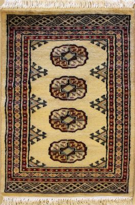2'0x3'2 Bokhara Jaldar Area Rug with Wool Pile - Special Mori Bokhara Elephant Foot Design | Hand-Knotted in White