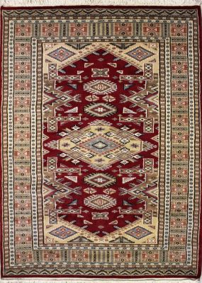 4'1x5'11 Caucasian Design Area Rug with Wool Pile - Geometric Design | Hand-Knotted in Red