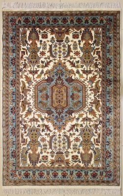 4'2x6'2 Pak Persian Area Rug with Silk & Wool Pile - Floral Design | Hand-Knotted in Ivory