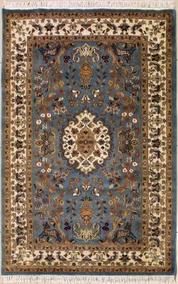 4'0x6'1 Pak Persian Area Rug with Silk & Wool Pile - Pictorial Hunting Shikargah Design | Hand-Knotted in Greenish Blue