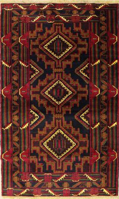 3'8x6'9 Caucasian Design Area Rug with Wool Pile - Tribal Balochi Diamond Design | Hand-Knotted in Blue