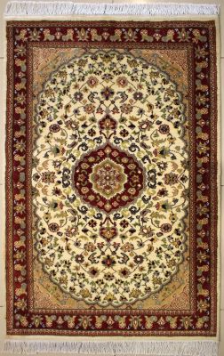 3'1x5'0 Pak Persian High Quality Area Rug with Silk & Wool Pile - Floral Design | Hand-Knotted in White