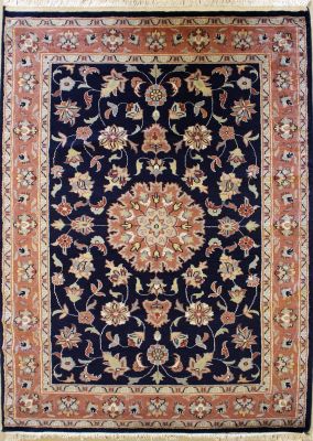 4'2x6'0 Pak Persian Area Rug with Silk & Wool Pile - Floral Design | Hand-Knotted in Blue