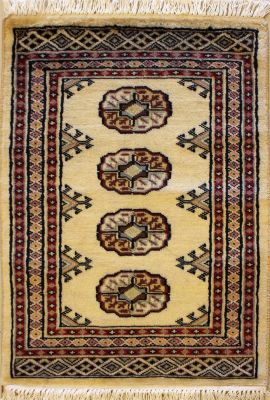 2'0x3'1 Bokhara Jaldar Area Rug with Wool Pile - Special Mori Bokhara Elephant Foot Design | Hand-Knotted in White