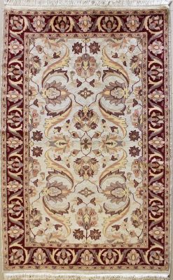 4'2x6'4 Pak Persian Area Rug with Silk & Wool Pile - Floral Design | Hand-Knotted in Ivory